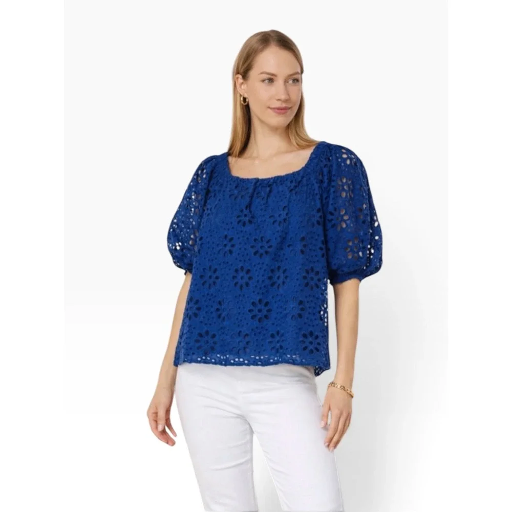 Lilly Pulitzer Women Blue Eyelet Embroidered Puff Sleeve Square Neck Top Size M